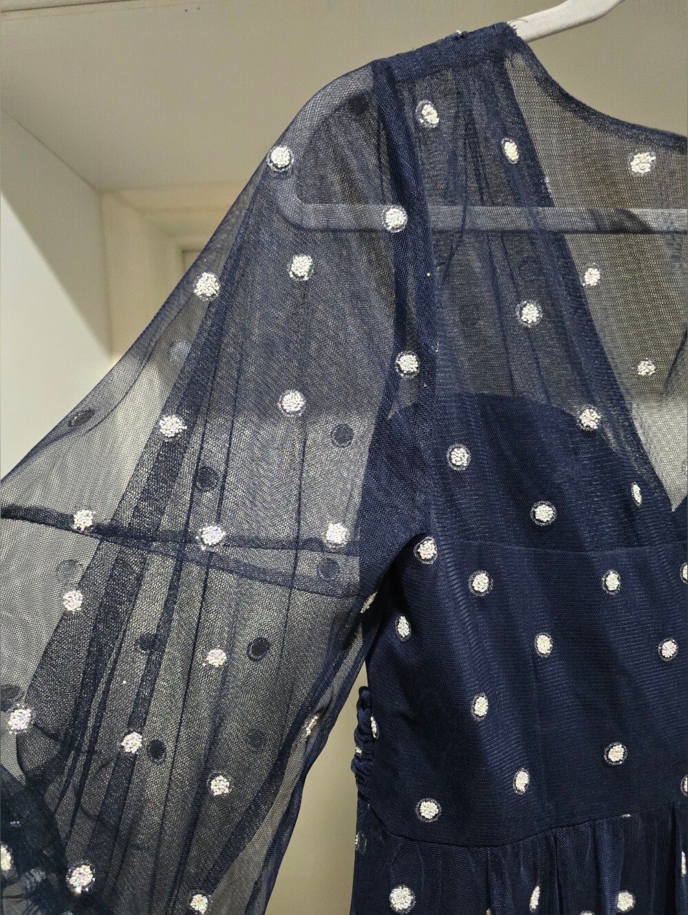 Navy With White/Glitter Polka Dots Mesh Midi Dress - Elegant Women's Party Dress - Picture 9 of 13